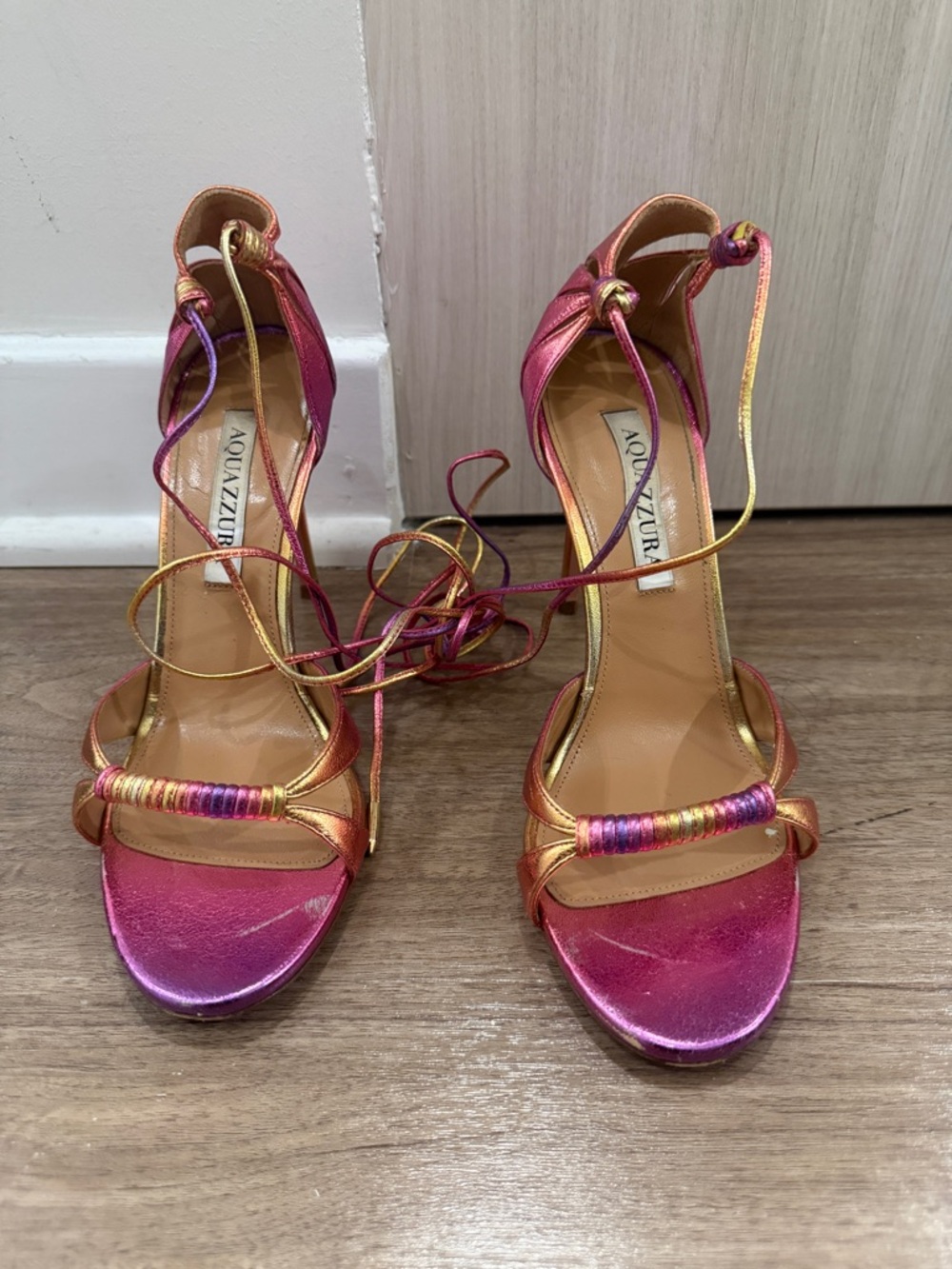Aquazzura Pink and Gold Metallic Lace-Up Heels
